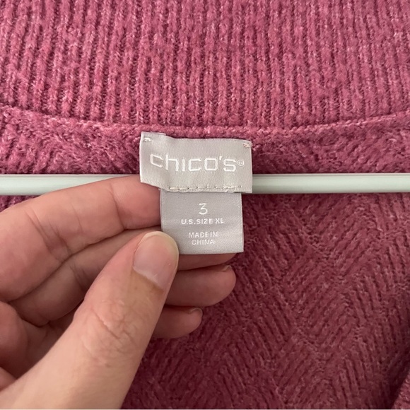 Chico’s 3 Herringbone V-Neck Tunic Knit Sweater Rose Pink XL - Picture 3 of 11